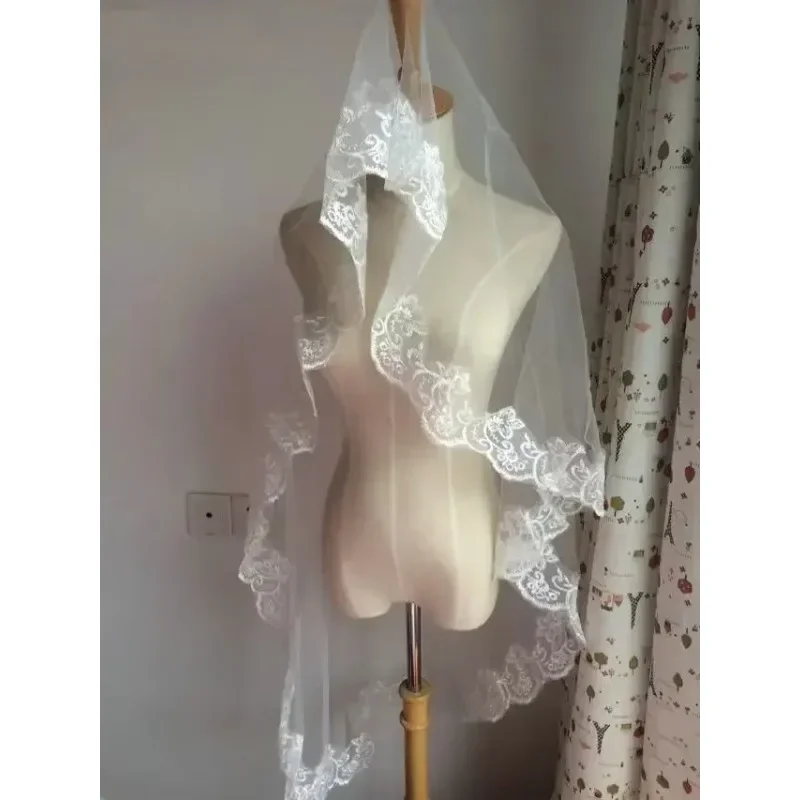 

Mariage однослойная длинная фата цвета слоновой кости с кружевной кромкой, дешевые свадебные аксессуары Veu Noiva