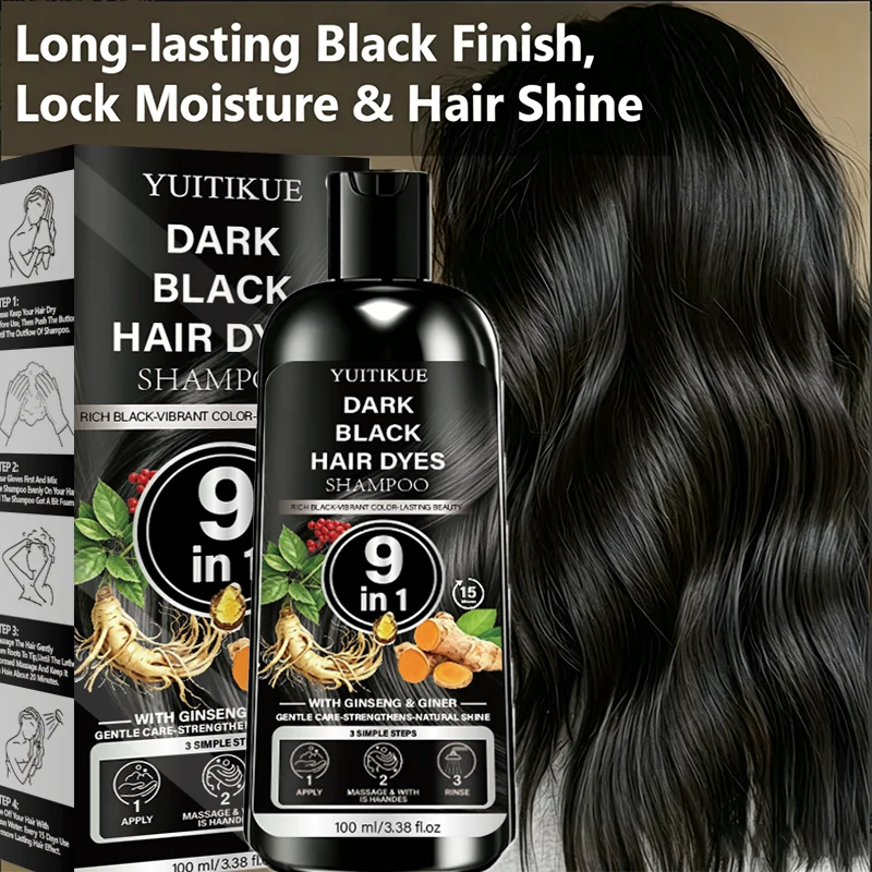 YUITIKUE 100ml Dark Black 9 in 1 Hair Dye Shampoo Ginseng Ginger Herbal Long Lasting Hair Color Shampoo Nourishing Hair Care