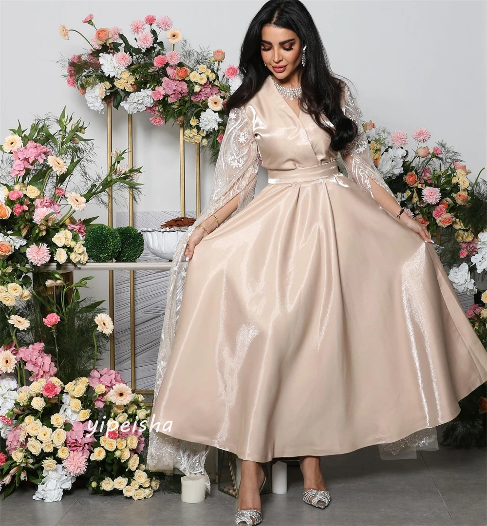 Cetim drapeada Quinceanera Ball Gown, V-Neck Midi Vestidos, Ocasião sob medida