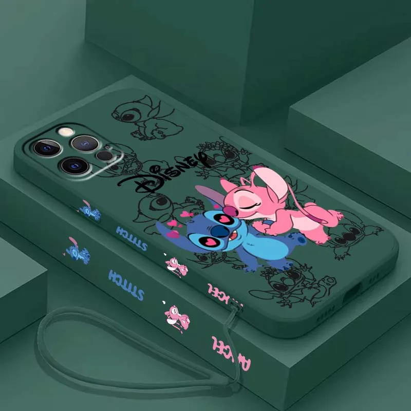 

Stitch Couple Anime For Apple iPhone 16 15 14 13 12 11 XR XS X Pro Max Plus Liquid Left Rope Soft Cover Phone Case