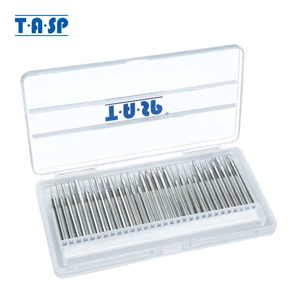 TASP 30pcs 3.2mm Shank Diamond Coated Rotary Burrs Abrasive Grinding File Bit Set Tools Accessories