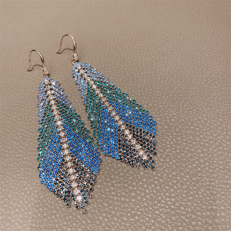 S2994 Dazzling Colorful Blue Feather Zircon Grab Chain Long Tassel Dangle Earrings Geometric Exaggerated Earrings