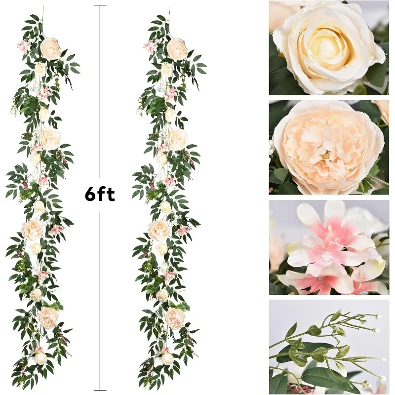 Lvydec 2 Pack Artificial Peony Flower Garland - 6ft Silk Peony Vine Willow Leaves Garland Champagne Arch Flower Vine