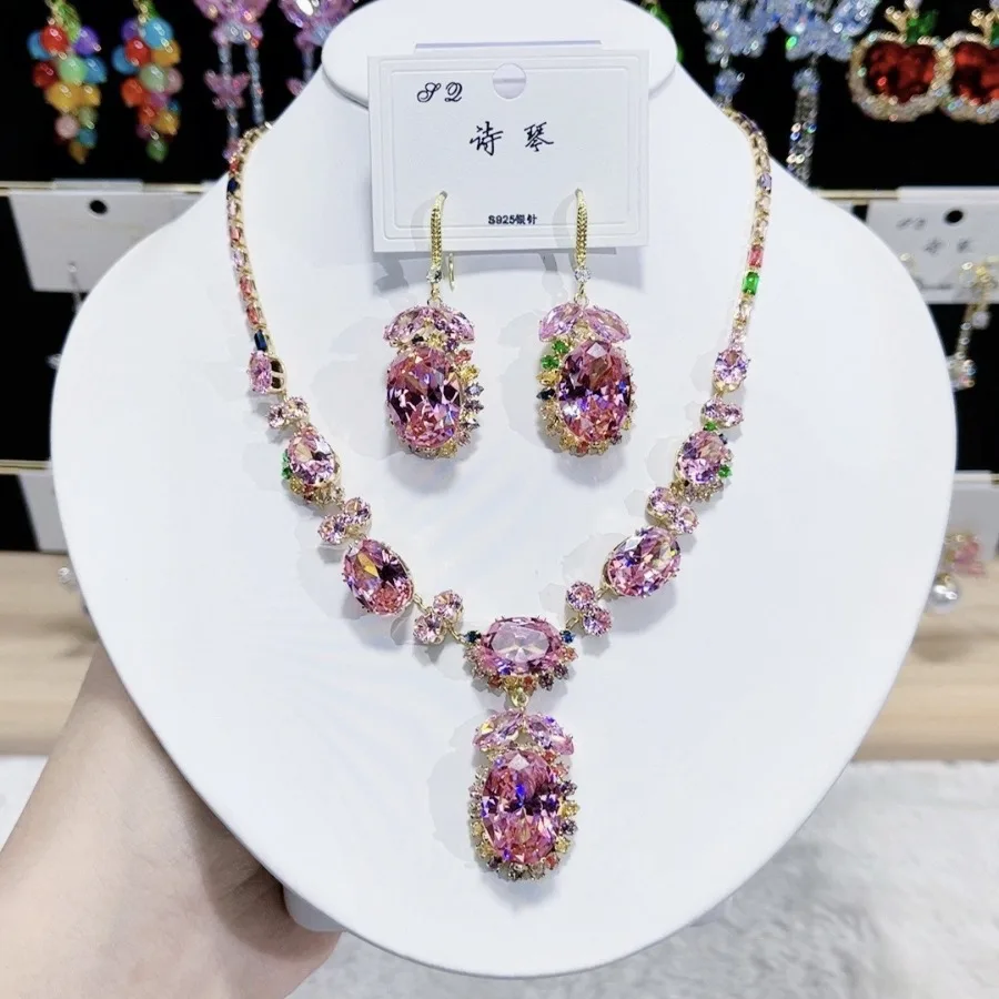 

Luxury Cubic Zirconia Jewelry Set Sparkling Necklace Earrings Sets 925 Silver Post Jewelry Wedding Party Jewellery Accessories