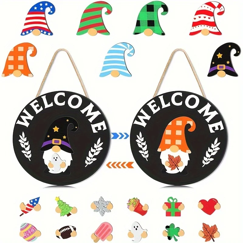 Wooden Interchangeable Seasonal Welcome Sign Decorations
