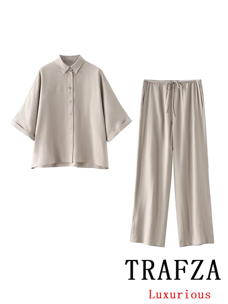 TRAFZA Vintage Casual Chic Women Suit Solid Turn-down Collar Single Breasted Blouse Loose Pants Fashion 2024 Holiday Summer Sets