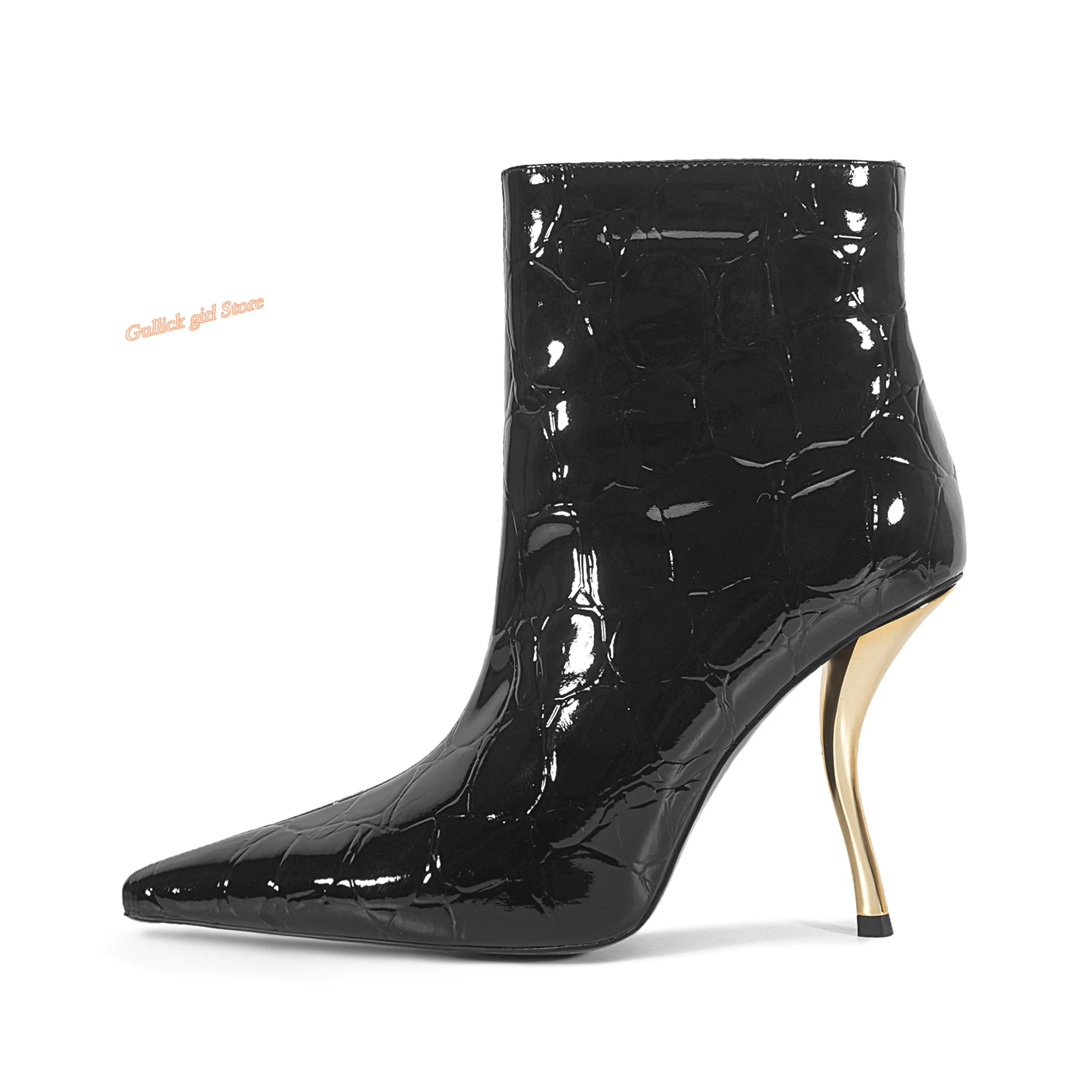 

Strange Style Ankle Booties Black Patent Leather Side Zipper Thin High Heel Sexy Pointy Toe Runway 2026 Winter Autumn Women Shoe