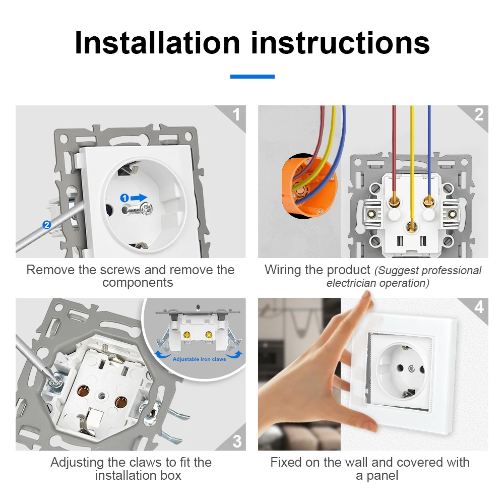 VISWE EU Usb Socket with Light Switch Black Tempered Glass panel for Home