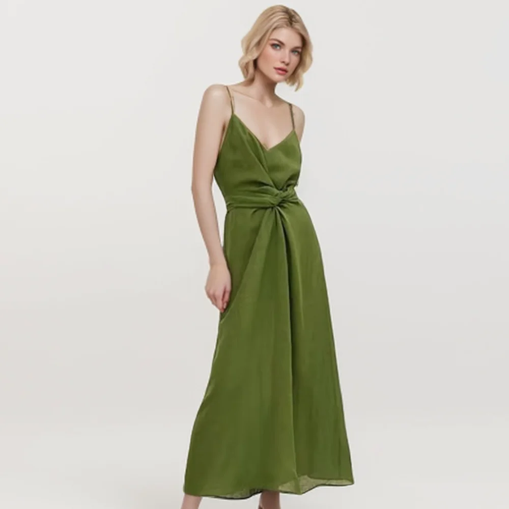 Cos Lris 2024 Summer Women\'s French Resort Style Slim Suspender V-Neck Sleeveless Green Dress Long Skirt