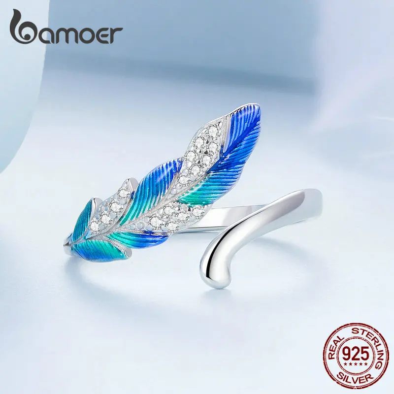 Bamoer 925 Sterling Silver Dazzling Blue Feather Open Ring Pave Setting CZ for Women Birthday Gift Chic Fine Jewelry BSR301