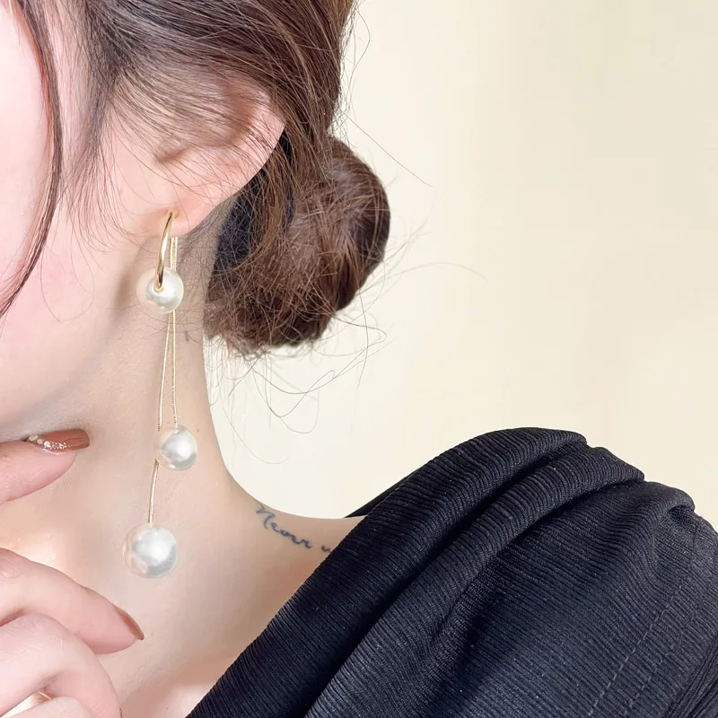 Elegant C-Shaped Pearl Earrings with Long Tassel, Can Be Worn in Two Ways as Drop or Stud Earrings