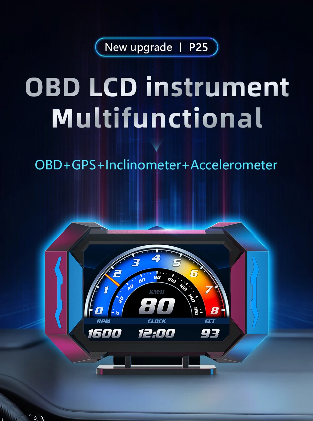 

OBD + GPS HUD P25 Car OBD Head Up Display HUD on Board Computer Digital Speedometer Water Temp Fuel Consumption Slope Meter