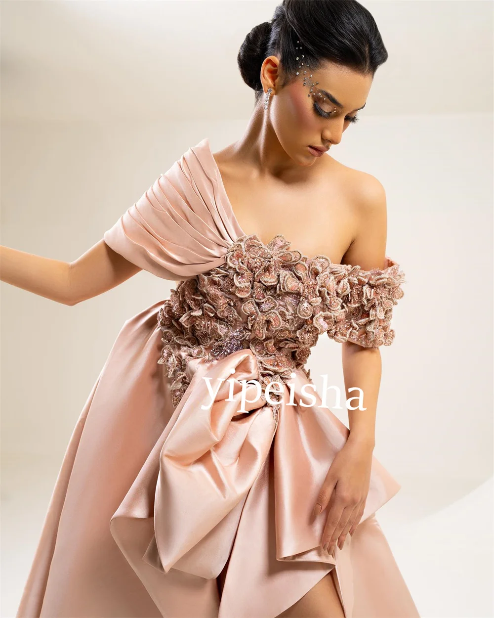 Customized Jersey Applique Pleat Party Asymmetrical Off-the-shoulder Bespoke Occasion Gown Hi-Lo Dresses