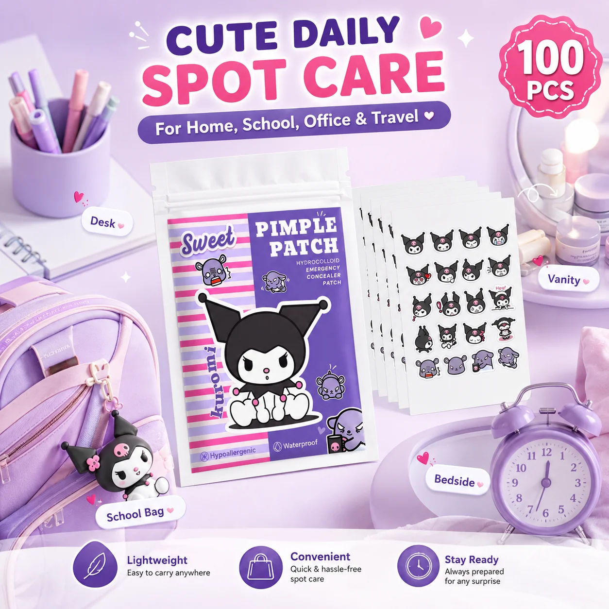 Adesivos para Espinhas Hello Kitty, 100 Unidades de Coberturas Hidrocoloidais para Acne, 25 Designs Divertidos, Suaves, Impermeáveis e Amigáveis à Pel