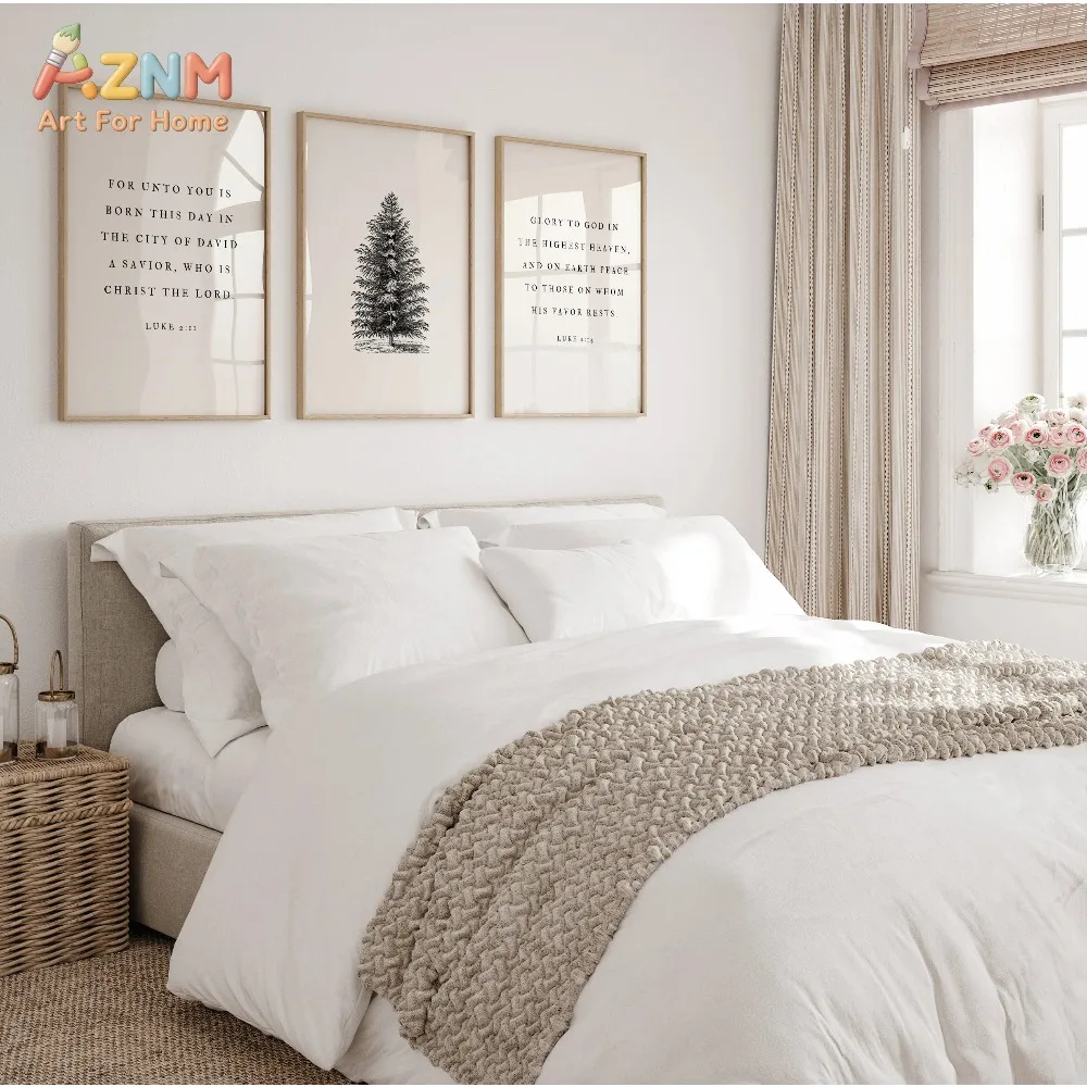 AZNM 3Pcs Christian Bible Verse Canvas Wall Art, Vintage Pine Tree Luke Scripture Print Frameless Canvas Painting, Neutral Minim