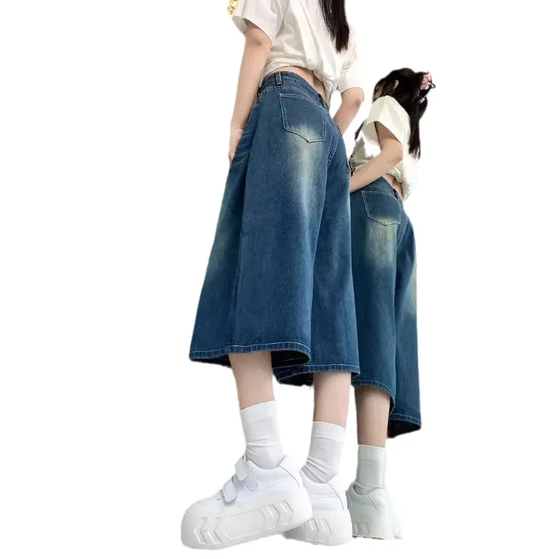 Retro Washed Blue Cropped Jeans for Women in Summer Pear Shaped Figure Slimming Mid Length Jeans Fashion Hight Waist Pants