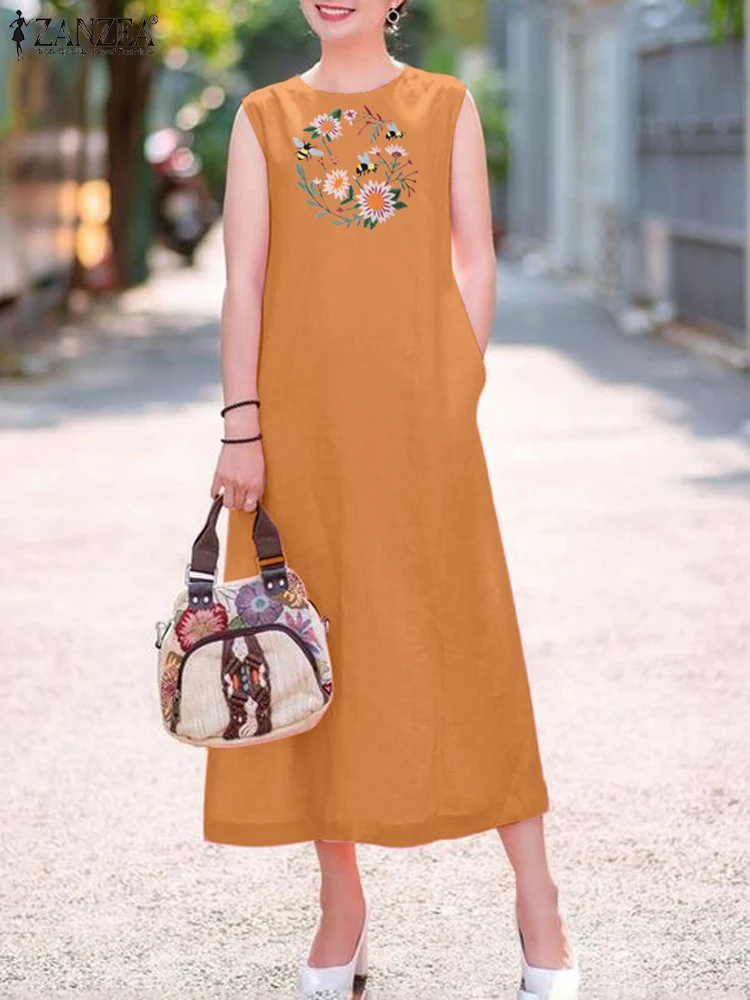 ZANZEA Commute Solid Color Tank Dresses Sleeveless Floral Embroidery 2024 Summer Casual A-line Vestidos Women Holiday Midi Dress