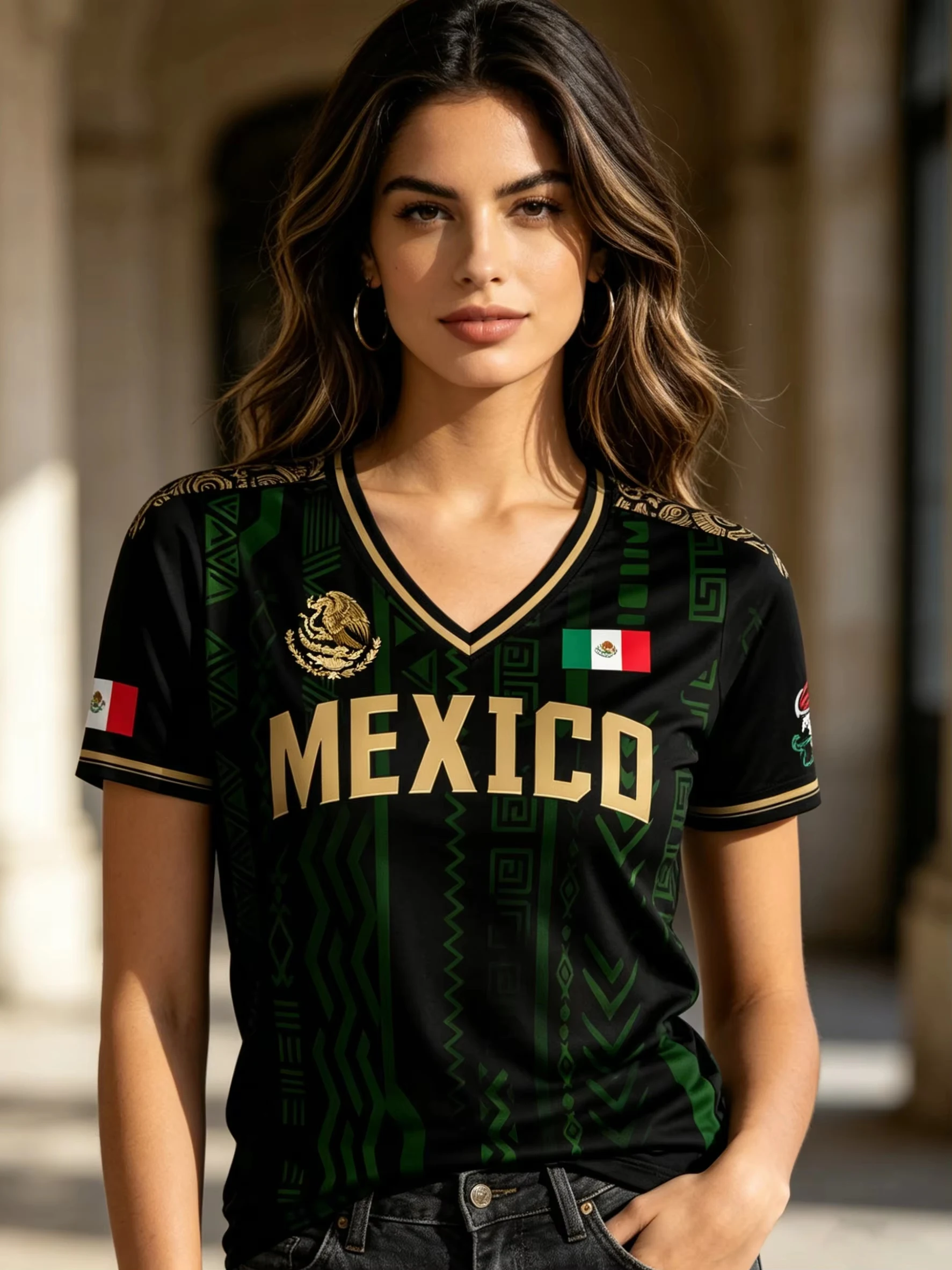 2026 Mexico National Flag 3D Eagle Print Women's T-Shirt Summer Short Sleeve V-neck Tees Casual Clothes Sports Unisex Tops view 6