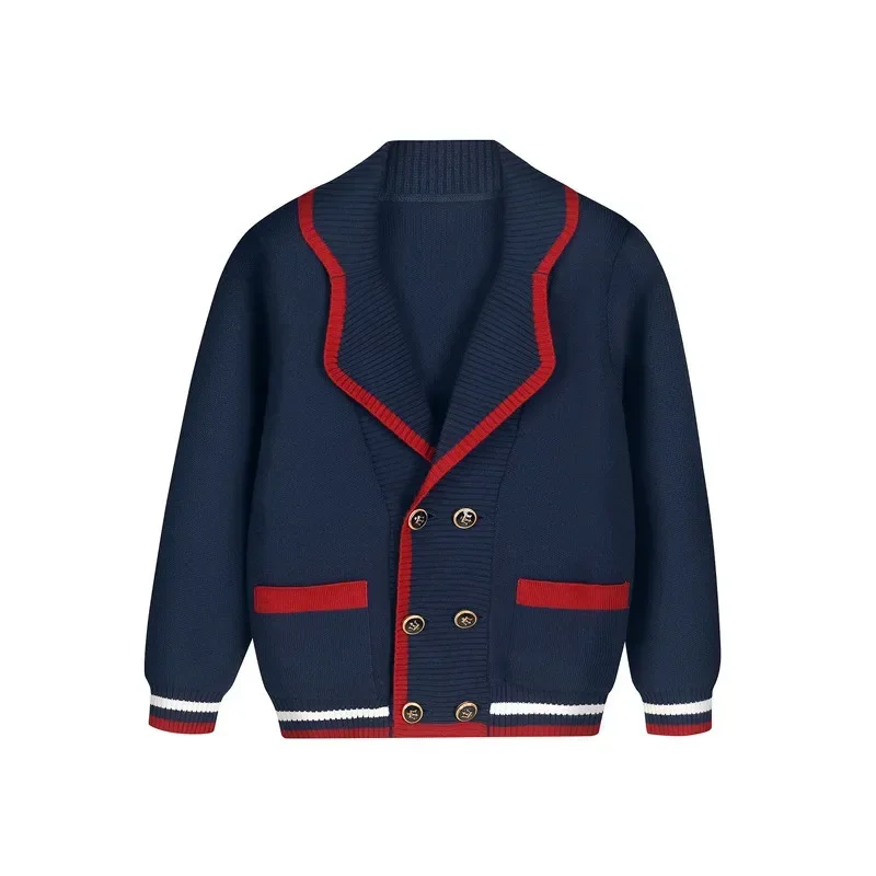 

Spring Autumn Children Navy Blue Sweaters for Big Girls Boys Cotton Knitted Cardigans Coat England Style Double Breasted Uniform