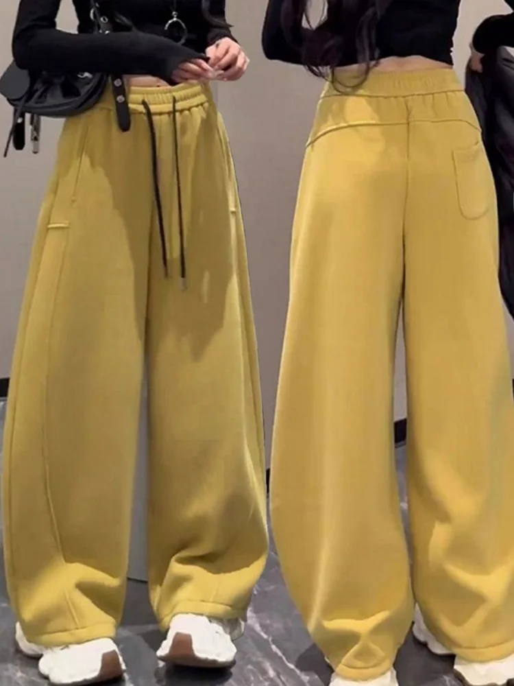 Yellow Wide Leg Pants Women's Slimming Dstring Casual Fce Lined Sports Trousers Korean Sle High Waist Commute Wind