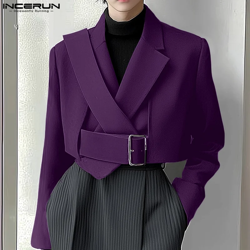 Fashion Casual Tops INCERUN New Men Cross Design Cropped Suit Coat Handsome Male Solid All-match Loose Long Sleeved Blazer S-5XL