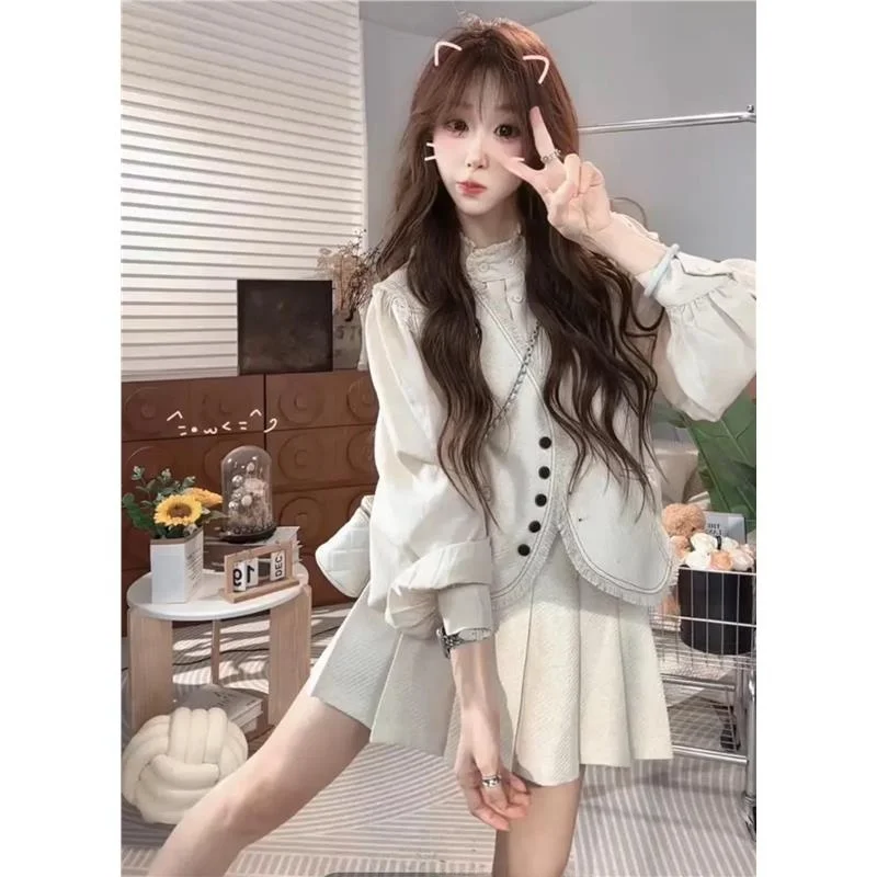 

Fall Winter New Style Small Fragrance Wind Shirt Hemmed Vest High Collar Pleated Skirt Belt Four Piece Set Women's Fashion Set