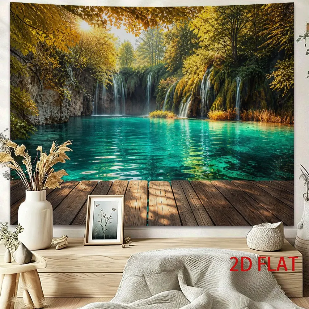 Luxurious 2D Printed Waterfall Tapestry Wall Hanging Forest Nature Landscape Mural Home Decor Art for Living Room Bedroom