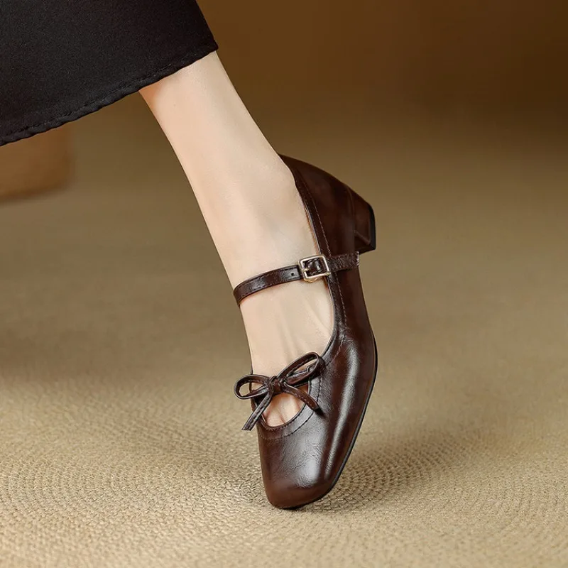 Girls Princess Brown Women Square Toe Buckle Strap Butterfly Knot Plus Size 41 42 43 Soft Leather Vintage Dress OL Party Shoes