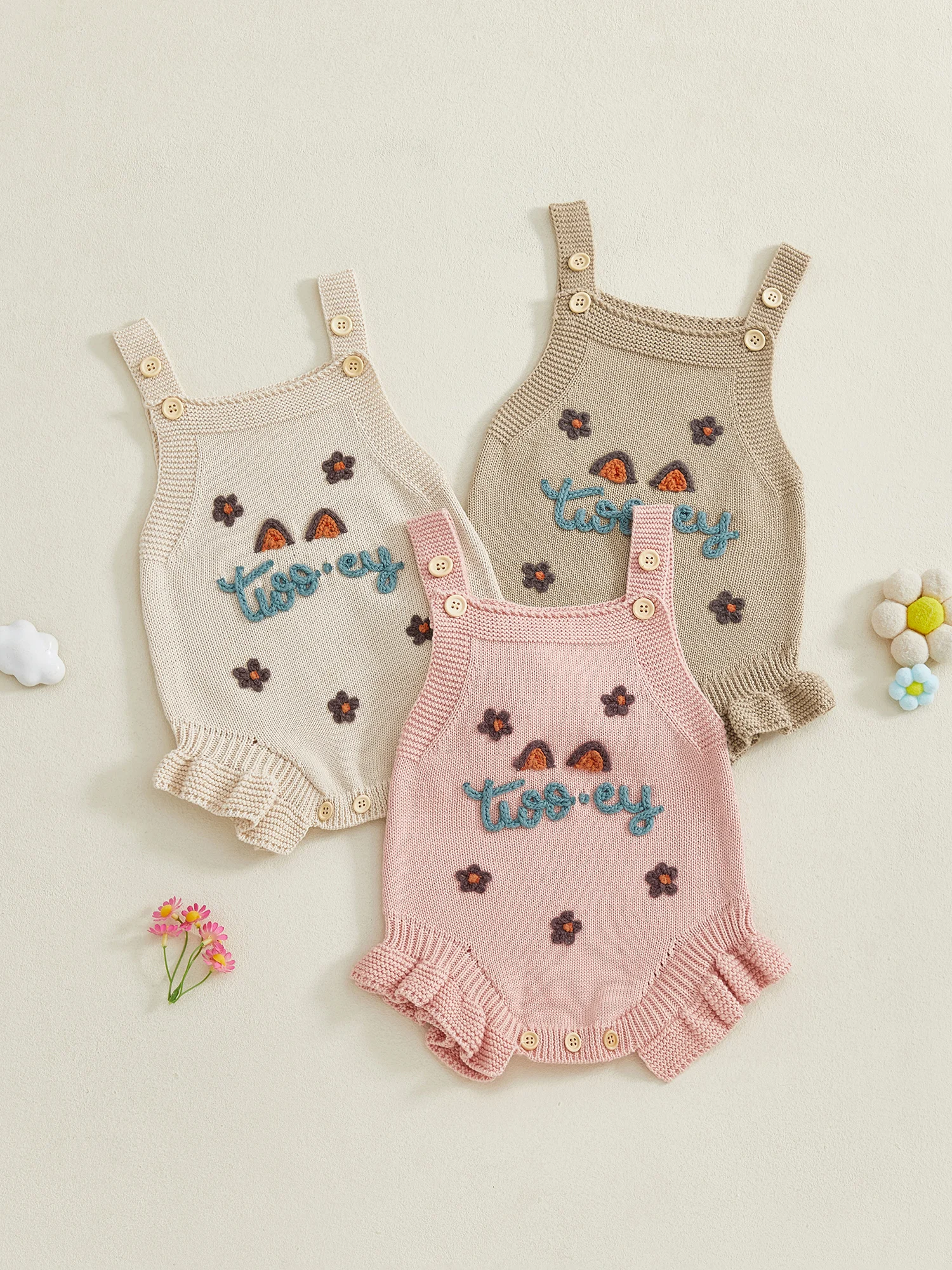 

Infant Girl Sleeveless Knit Romper with Square Neckline Embroidered Letters and Ruffled Bodysuit for Newborns