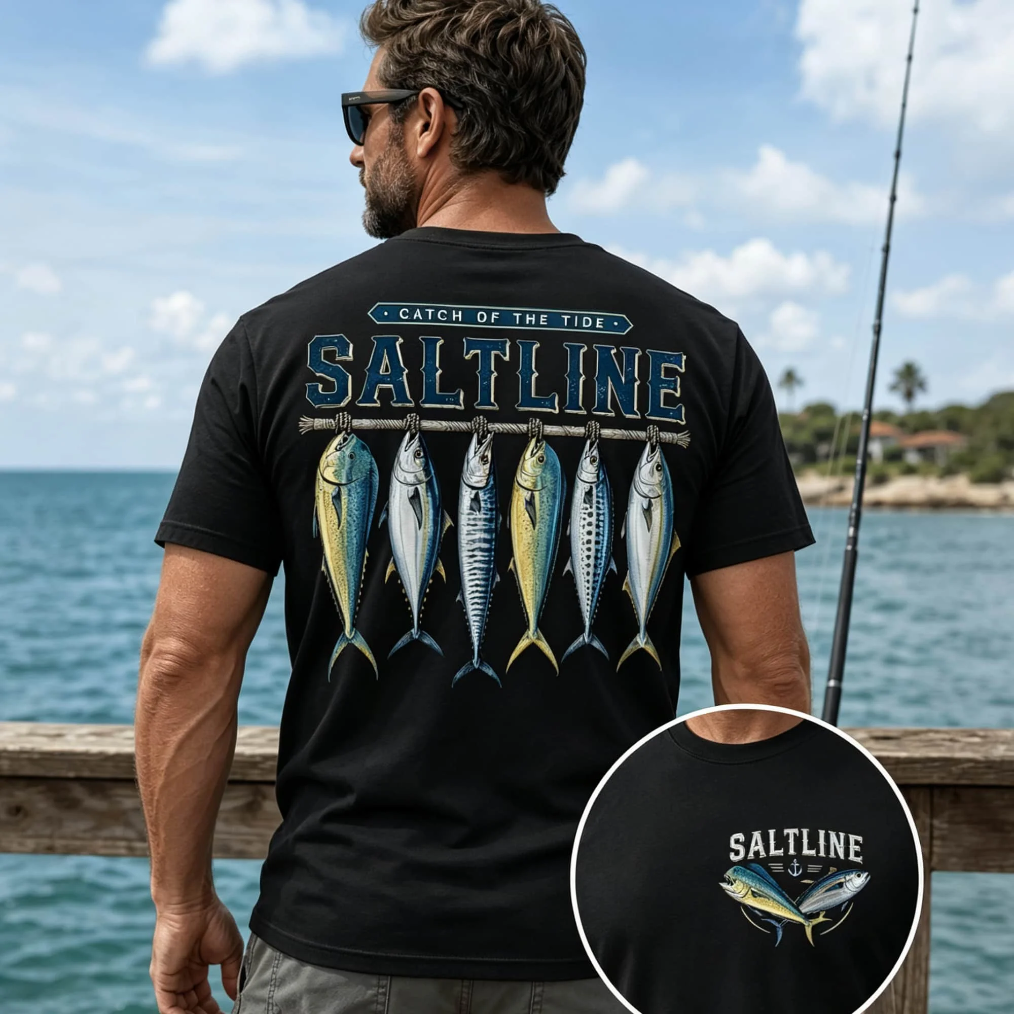 Herren-T-Shirt mit Rundhalsausschnitt und kurzen Ärmeln, mit Fisch-Grafikdruck auf Vorder- und Rückseite, Outdoor-Angler-Oberteil für Männer. – Detail 4