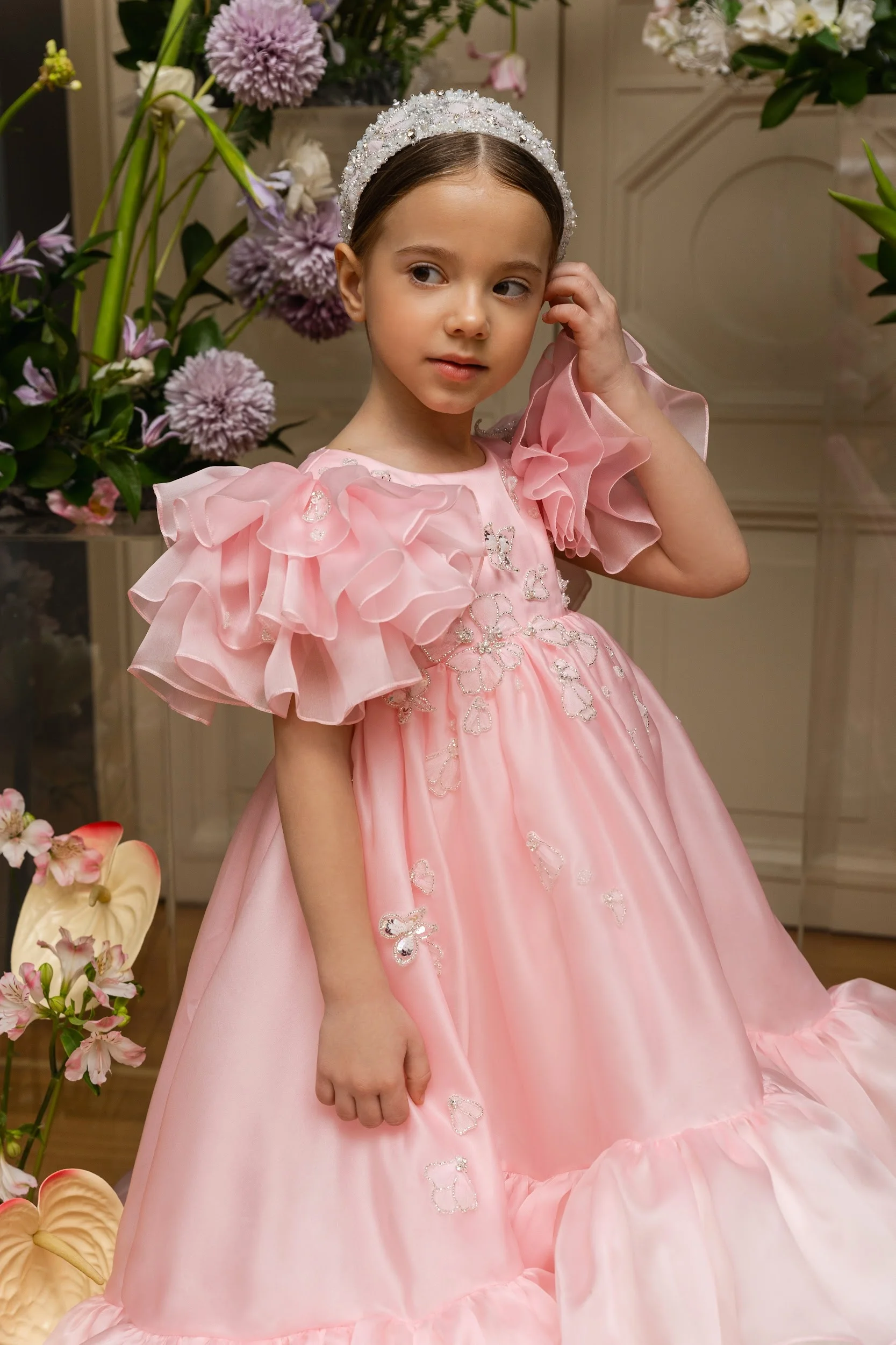 Rosa babados vestidos da menina de flor para o casamento personalizado alta baixa princesa vestidos festa aniversário da menina primeira comunhão vestido