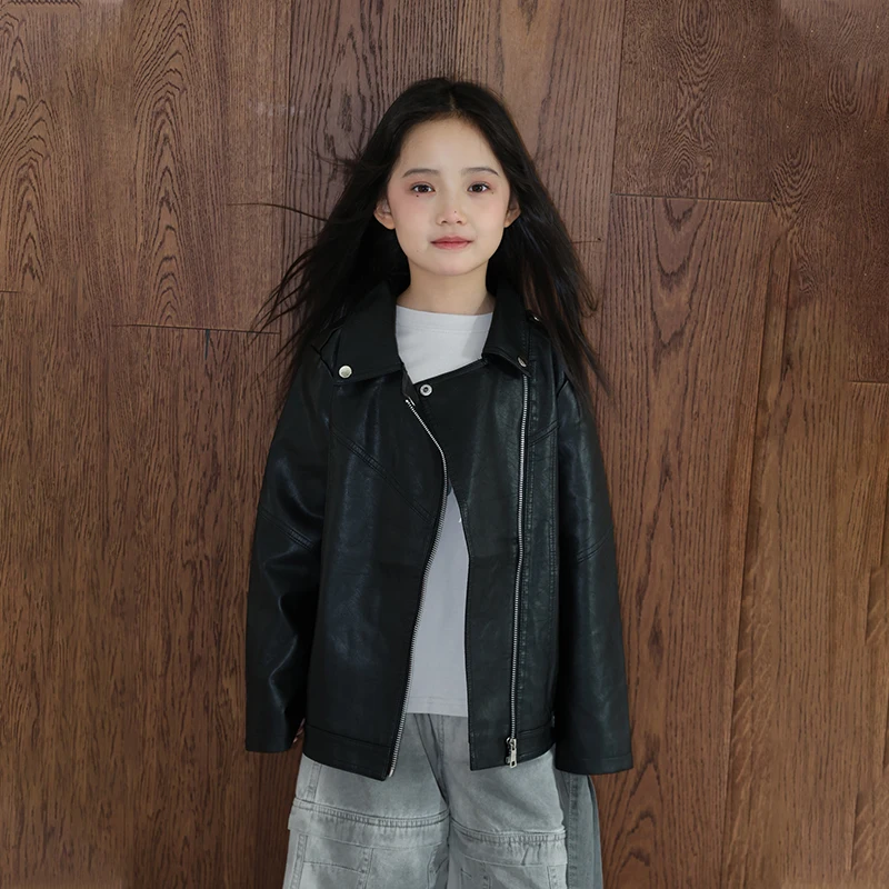 

2025 Teenager Girls PU Jacket Fashion Casual Leather Side Zipper Coat Spring Autumn Windproof Cool Clothes Windbreaker TR361