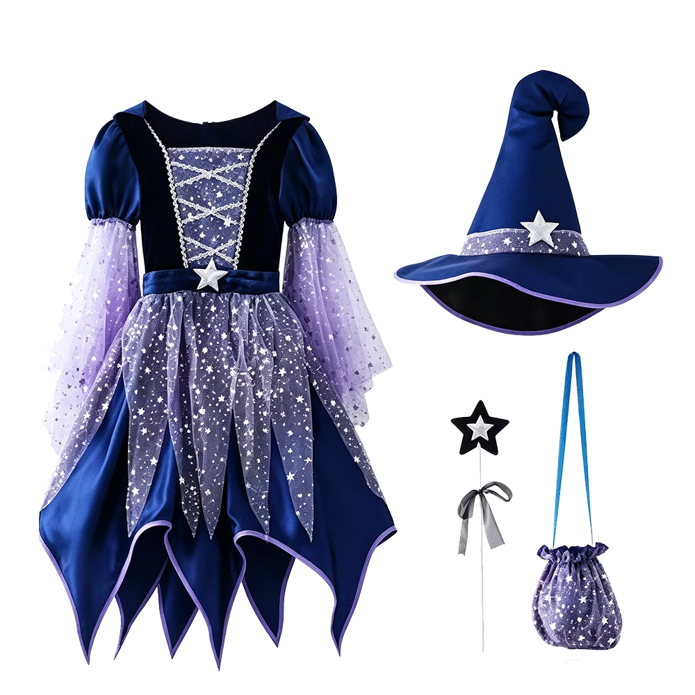 Hexenkostüm-Set für Mädchen, Halloween-Cosplay-Kleid mit Hut, Tasche und Zauberstab, Karneval, Weihnachten, Bühnen-Party-Outfit – Detail 3