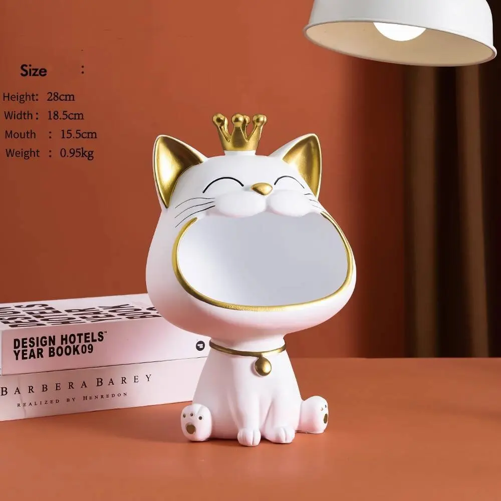 

Fortune Crown Big Mouth Cat Entrance Key Storage Tray Decorative Ornament Lucky Cat Statue Decoration Gift Sculpture