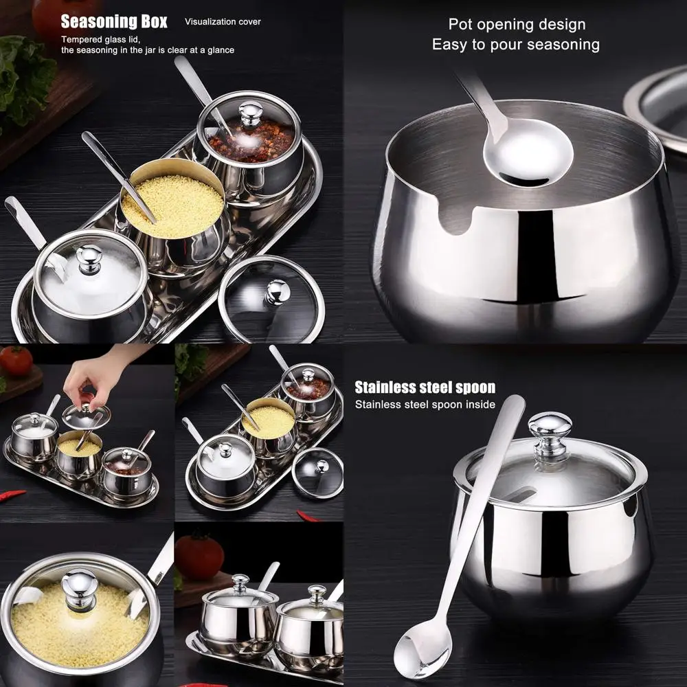 Juego de 3 Recipientes para Condimentos de Acero Inoxidable, Juego de Frascos para Especias, Especiero, Botella para Condimentos, Salero, Pimentero, Azucarero, Organizador de Almacenamiento