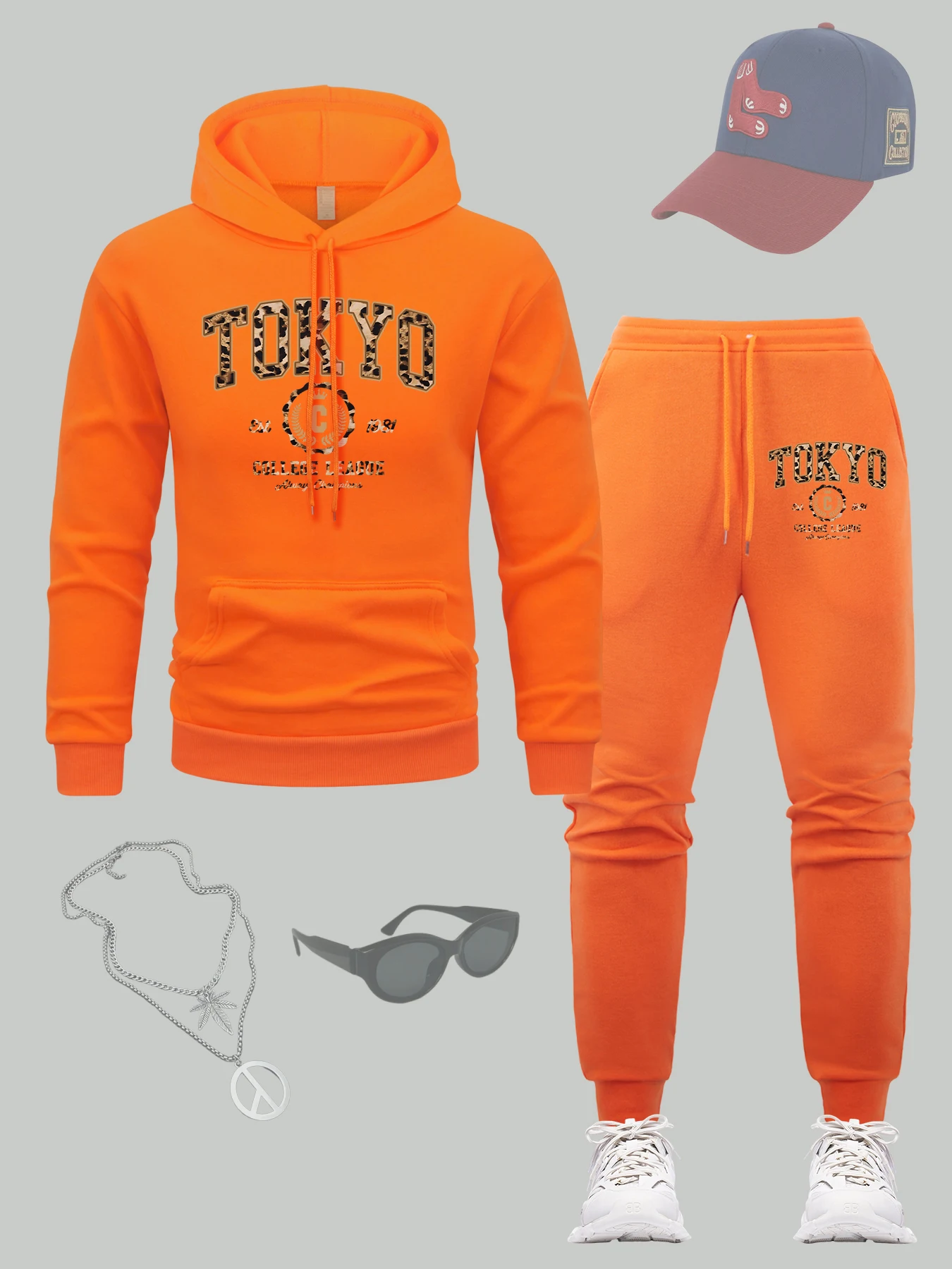 

Tokyo College League Printed Men Pullover Fleece Pocket Hoodie Set Drawstring Loose Hoody Sets All-Match Autumn Sweatpant