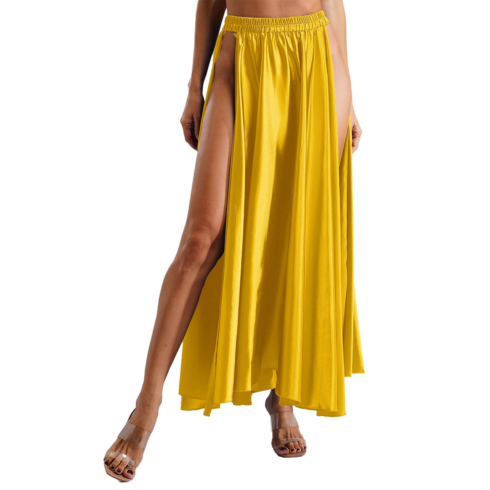 Womens Lyrical Dance Maxi Skirt Solid Color Elastic Waist Side Slit Satin Skirts for Oriental Belly Dance Performance Costume