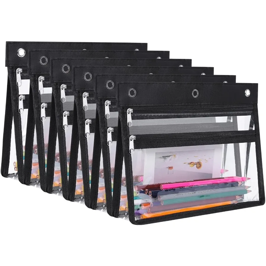 

6 Pack Zipper Peil Pouches for 3 Ring Binder 1.5 Ih Expandable with 2 Pockets and Clear Window for School and Office Black