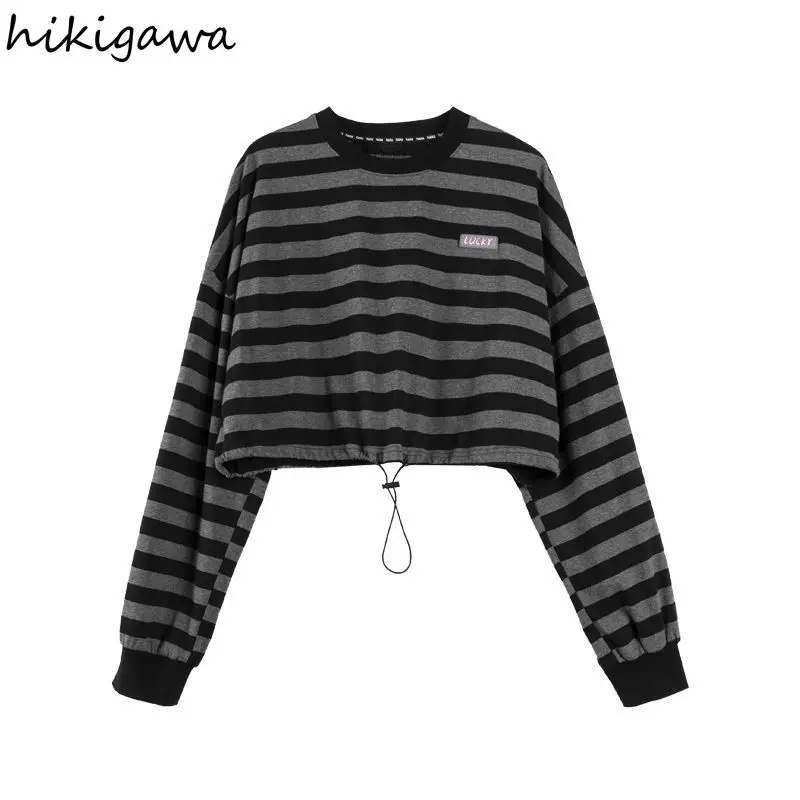 2023 Hoodies for Women Preppy Style Drawstring Striped Fashion Crop Tops Y2k Clothes for Teens Loose Casual Korean Sweatshirt