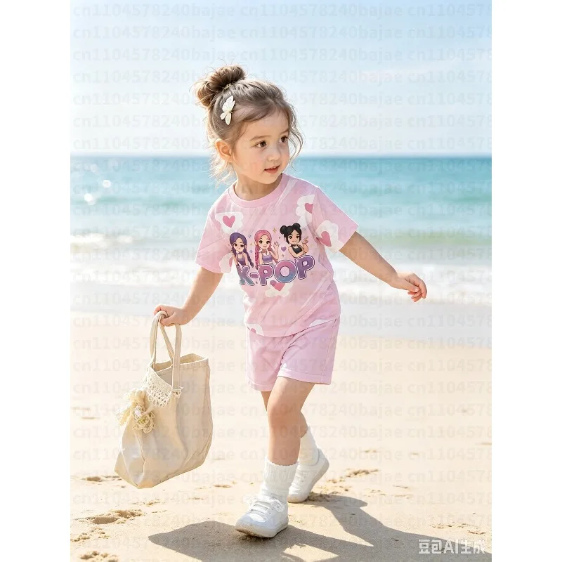 2pcs/Set Girls' Kid Casual Contrast Cartoon Pattern Print Short Sleeve T-Shirt and Shorts Casual Outfit, Suitable