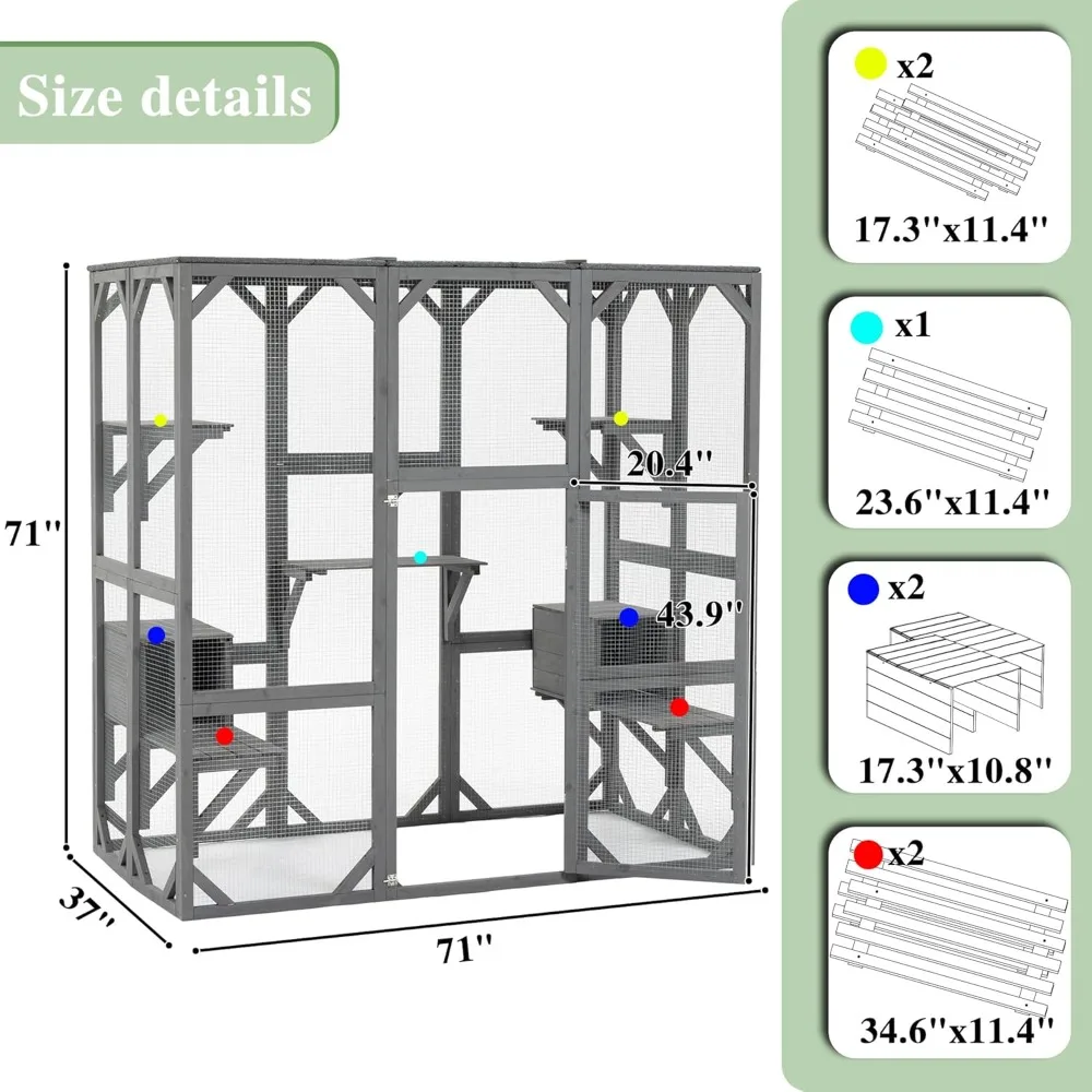 Cat Catio House Outdoor,  Wooden Pet Cage Cattery Indoor Playpen with Platforms and Hiding Boxes and Weather Protection Roof