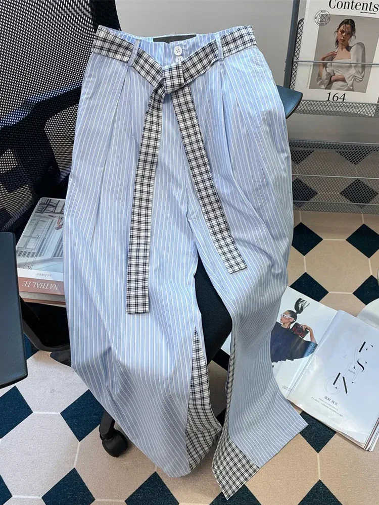 Jmprs سروال مخطط مرقع للنساء حزام كوري عالي الخصر بنطلون مستقيم غير رسمي فضفاض أنيق أنثى موضة بنطال ذو قصة أرجل واسعة #1