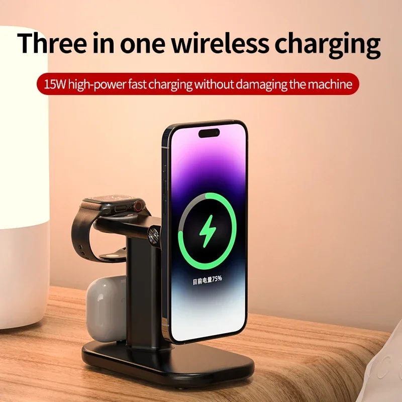 Nuova stazione di ricarica wireless magnetica veloce Supporto per caricabatterie Mag-Safe 3 in 1 per iPhone 16/15/14/13/12 Pro Max Watch Airpods Pro