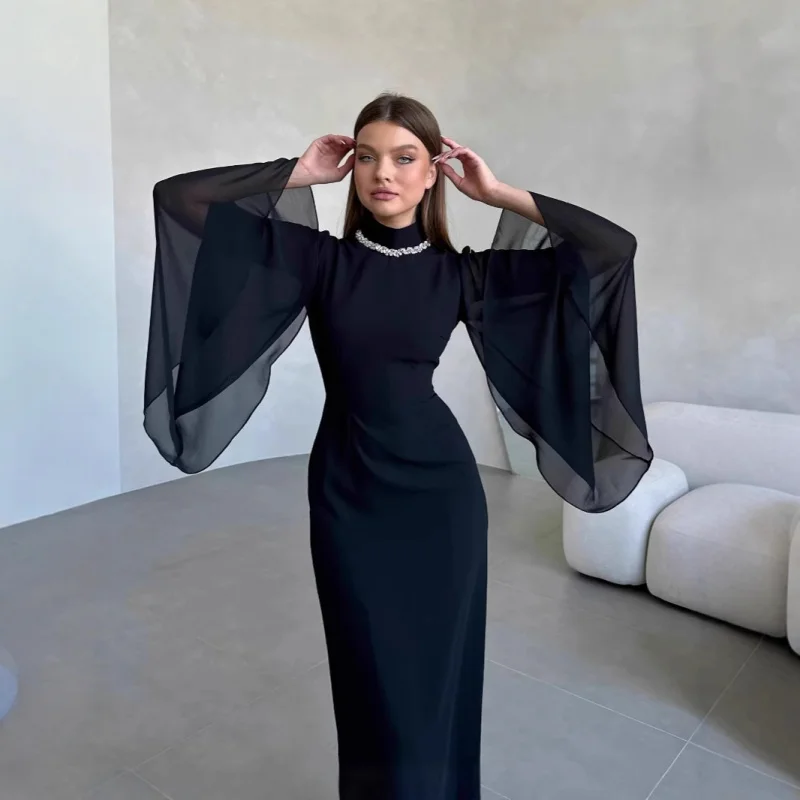 

2025New Year's New Mesh Splicing Elegant Large Swing Sleeves Pearl Long Slim Dress