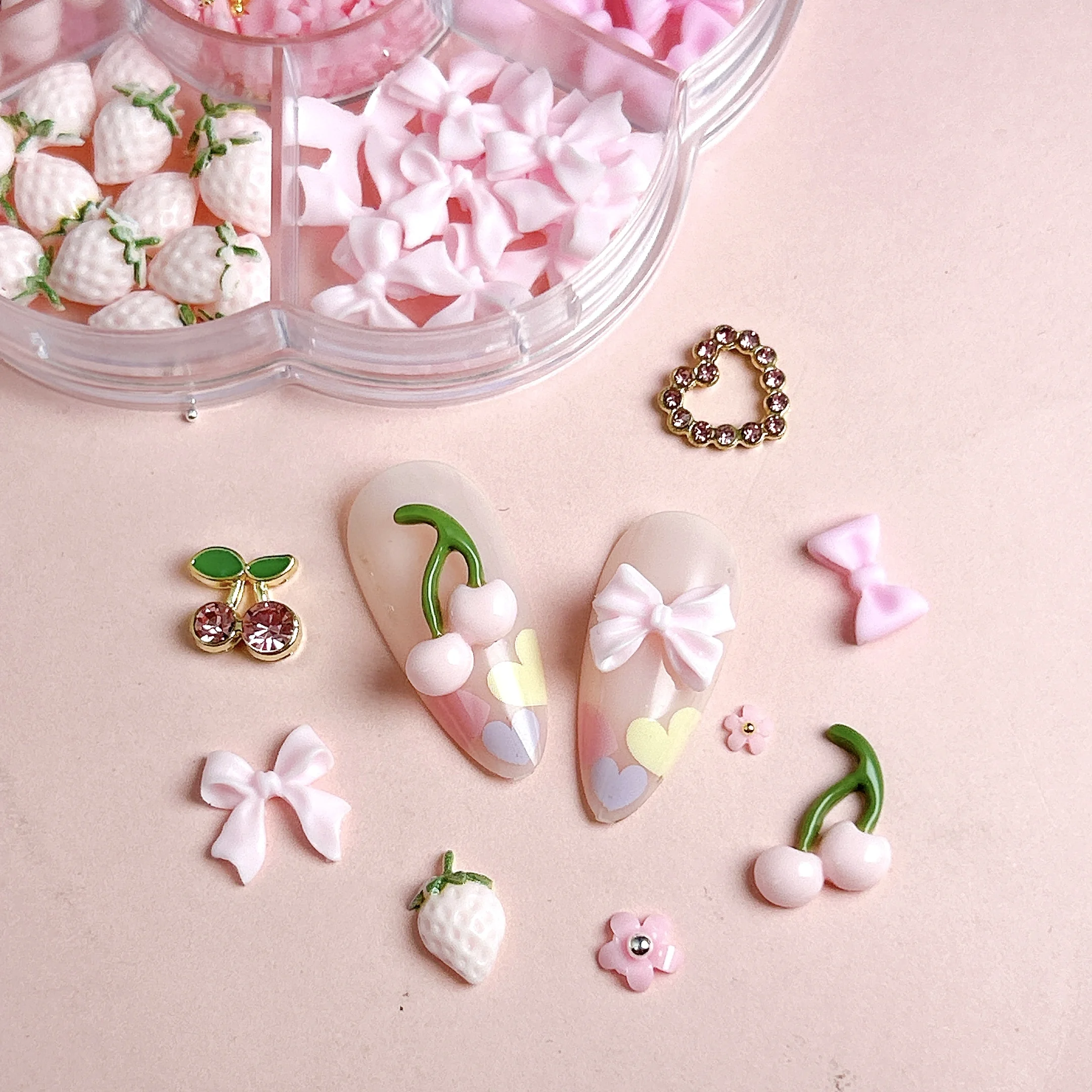 1Box 3D Hollowed-out Heart Alloy Nail Art Charms Creative Cherry Strawberry Mini Steel Ball Mixed Nail Decorations DIY Nail Sets