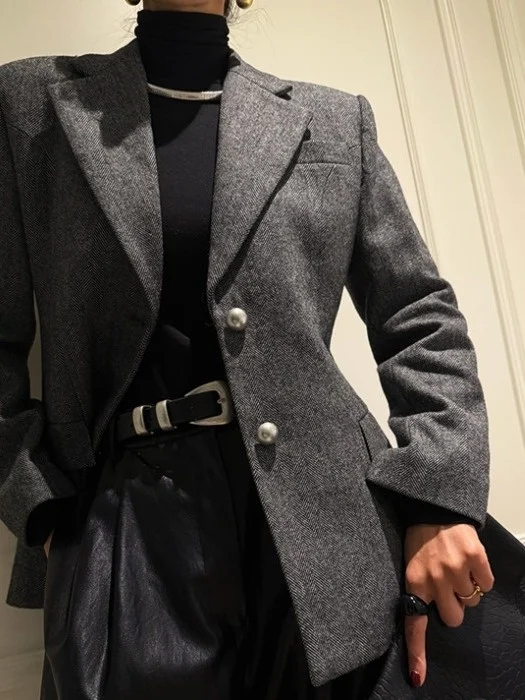 

Retro Chic Woolen Tweed Jaet Women's Slim Fit Midi Length Coat with Metal Bule Korean Sle Commute Suitable Outerwear