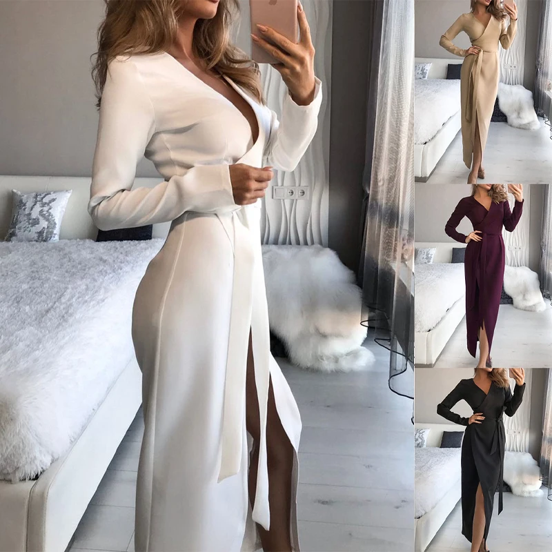 

Elegant Solid Color Robe Party Dress Women Sexy V Neck Slit Long Dress Autumn Fashion Long Sleeve Wrap Lace-Up Belt Maxi Dress