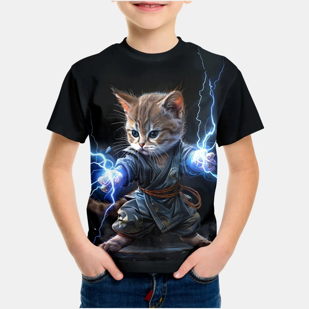 Children's Clothing Cuddly Cat Graphic 3D Print Fashion Casual Street Style Summer Short Sleeves Tops O-Neck Children's T-Shirt