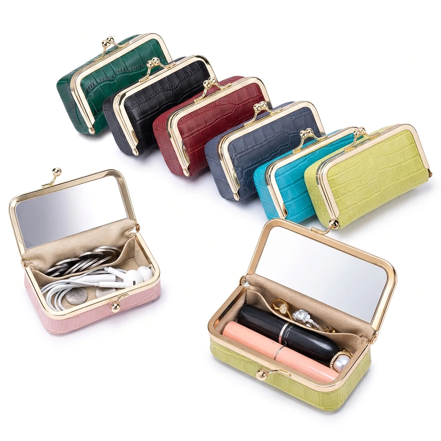 Mini Portable Crocodile Pattern Lipstick Organizer Case Multi-functional Small Makeup Bag with Mirror Cosmetic Storage Pouch