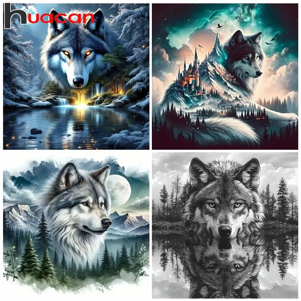 Huacan Diamant-Malerei, Kunsthandwerk, Wolf, Tier, See, Schnee, Landschaft, volles rundes Diamant-Mosaik, Raumwanddekoration